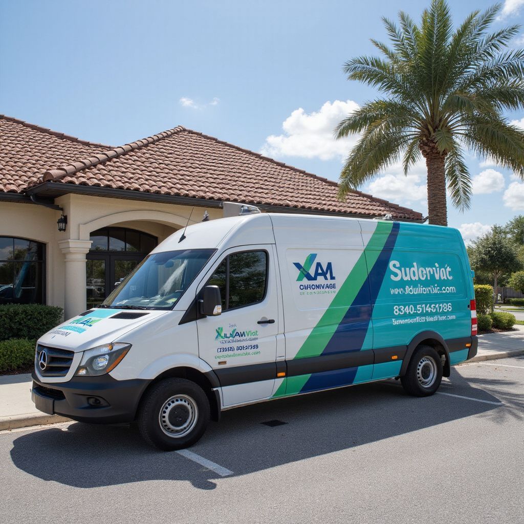 White van with blue and green accents parked in front of a building with a palm tree.