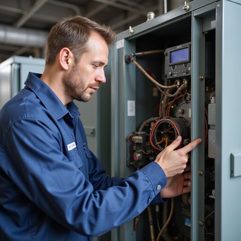 Technician in blue workwear inspects electrical equipment inside an open cabinet.