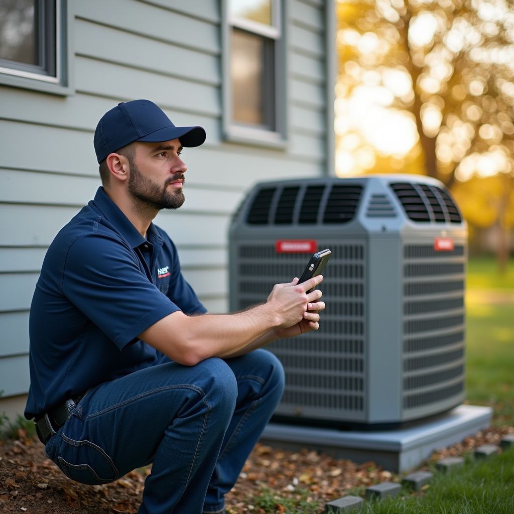 HVAC technician with phone near an air conditioning unit outside a house.