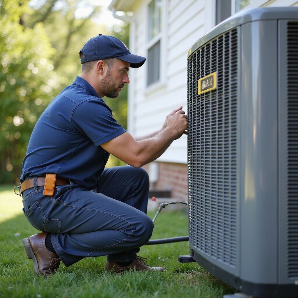 HVAC technician kneels to inspect an outdoor air conditioning unit on a sunny day.