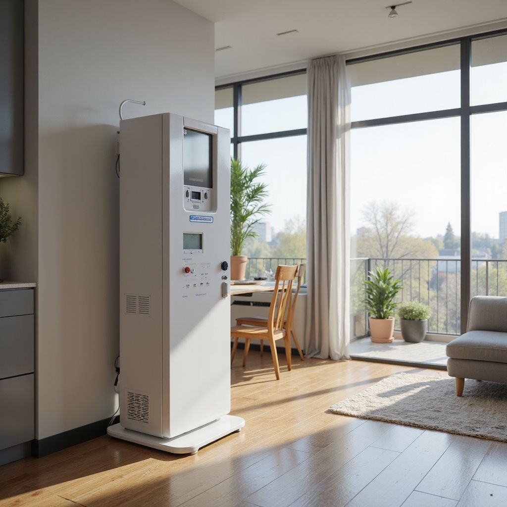 A white medical device stands in a bright room with large windows, near a kitchen and a living area.