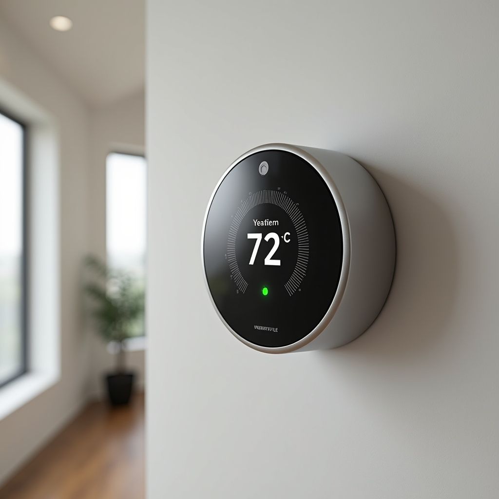 Smart thermostat on a white wall, displaying 72 degrees.