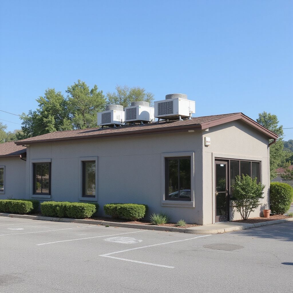 A one-story beige building with multiple windows, a brown roof, and air conditioning units.