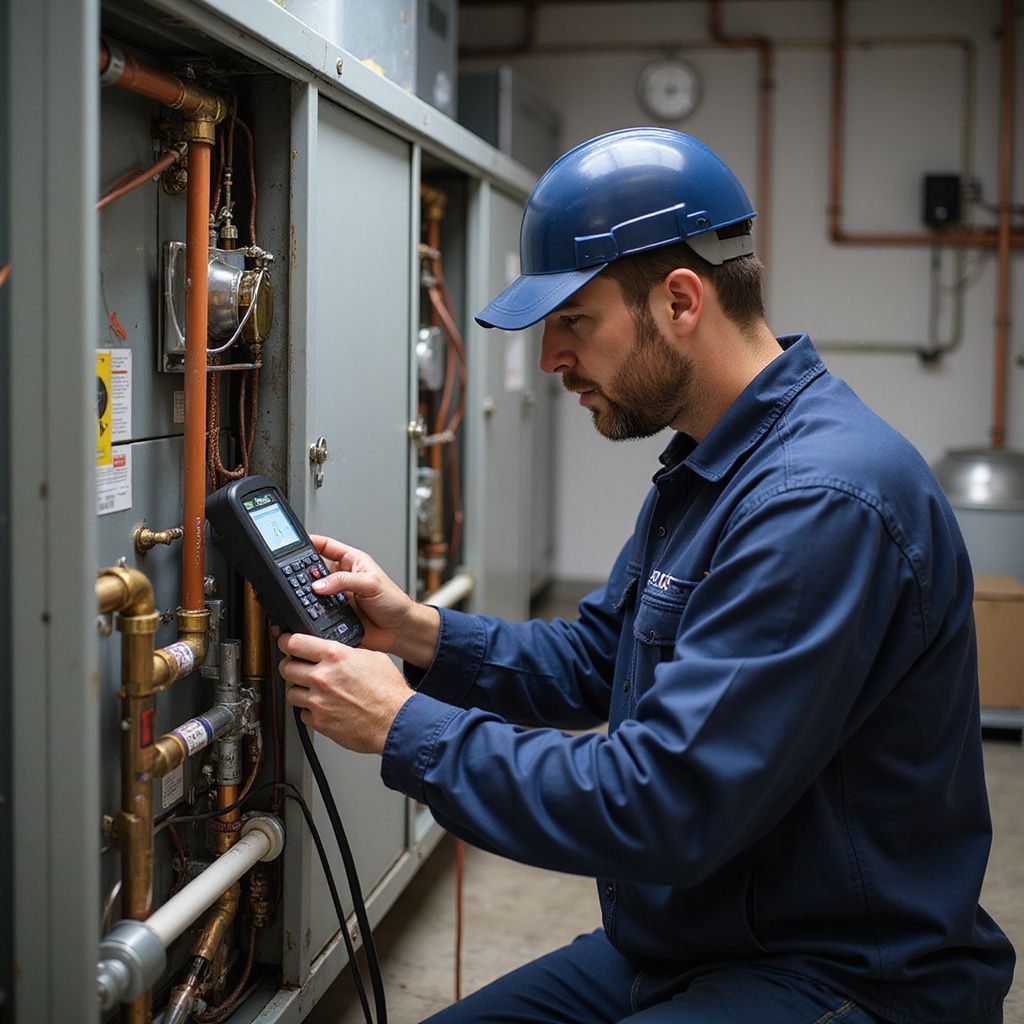 HVAC technician in blue overalls and hard hat uses a diagnostic tool on equipment.