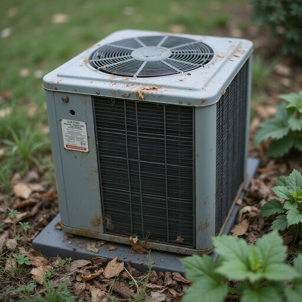 Air conditioning unit on a concrete pad surrounded by plants and leaves.