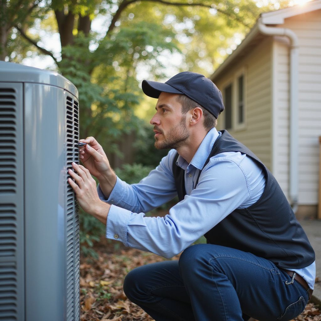 HVAC technician inspecting an outdoor air conditioning unit.