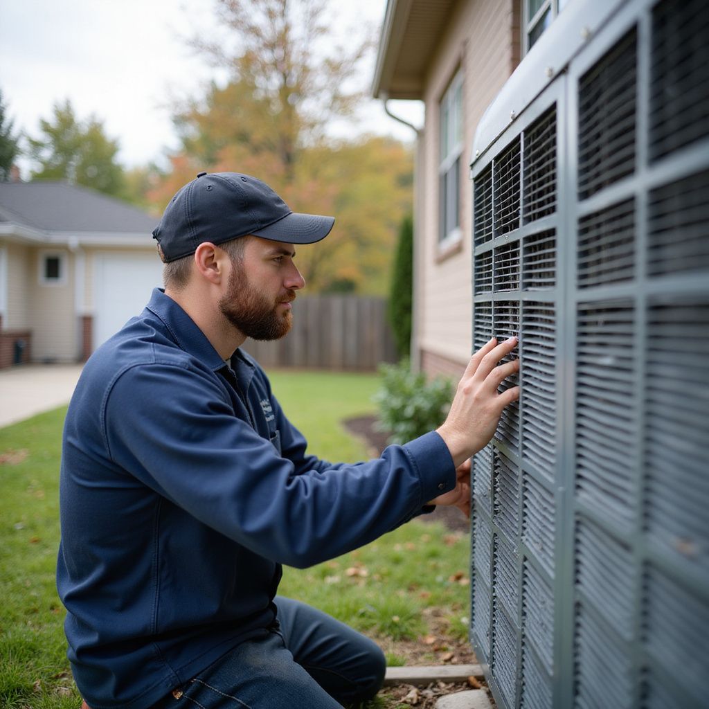 HVAC technician inspecting an air conditioner unit outside a house.