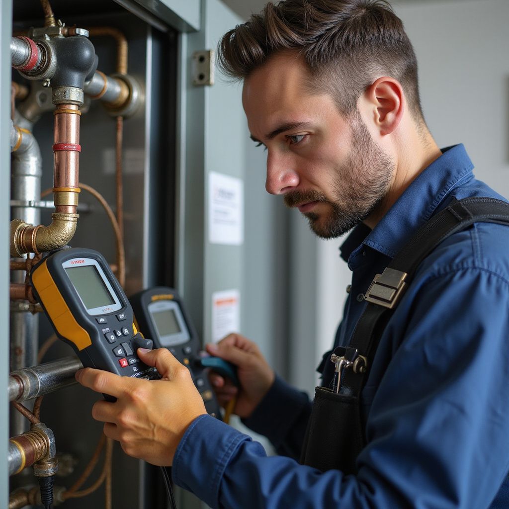 A technician in blue examines equipment using a handheld meter, pipes and a metal cabinet in the background.