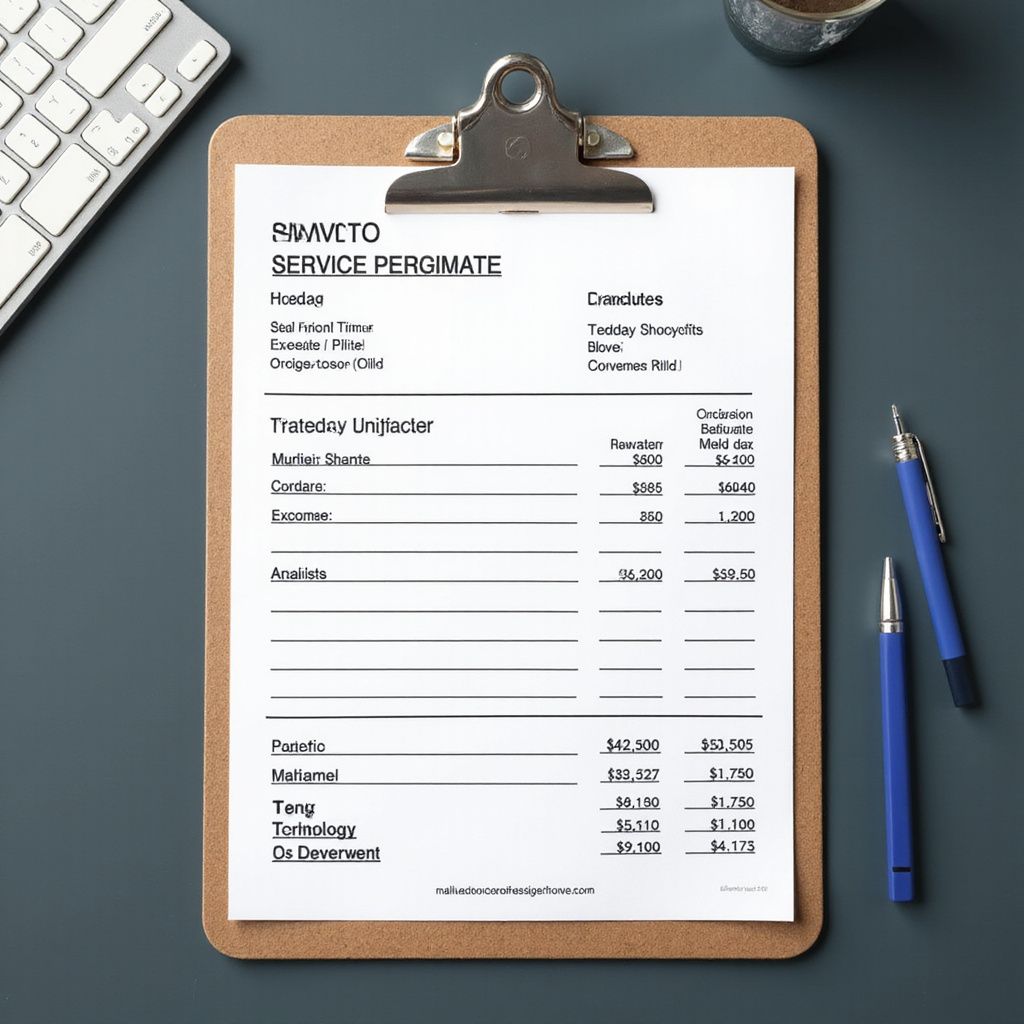 Clipboard with a service estimate on a desk with a keyboard and pens.