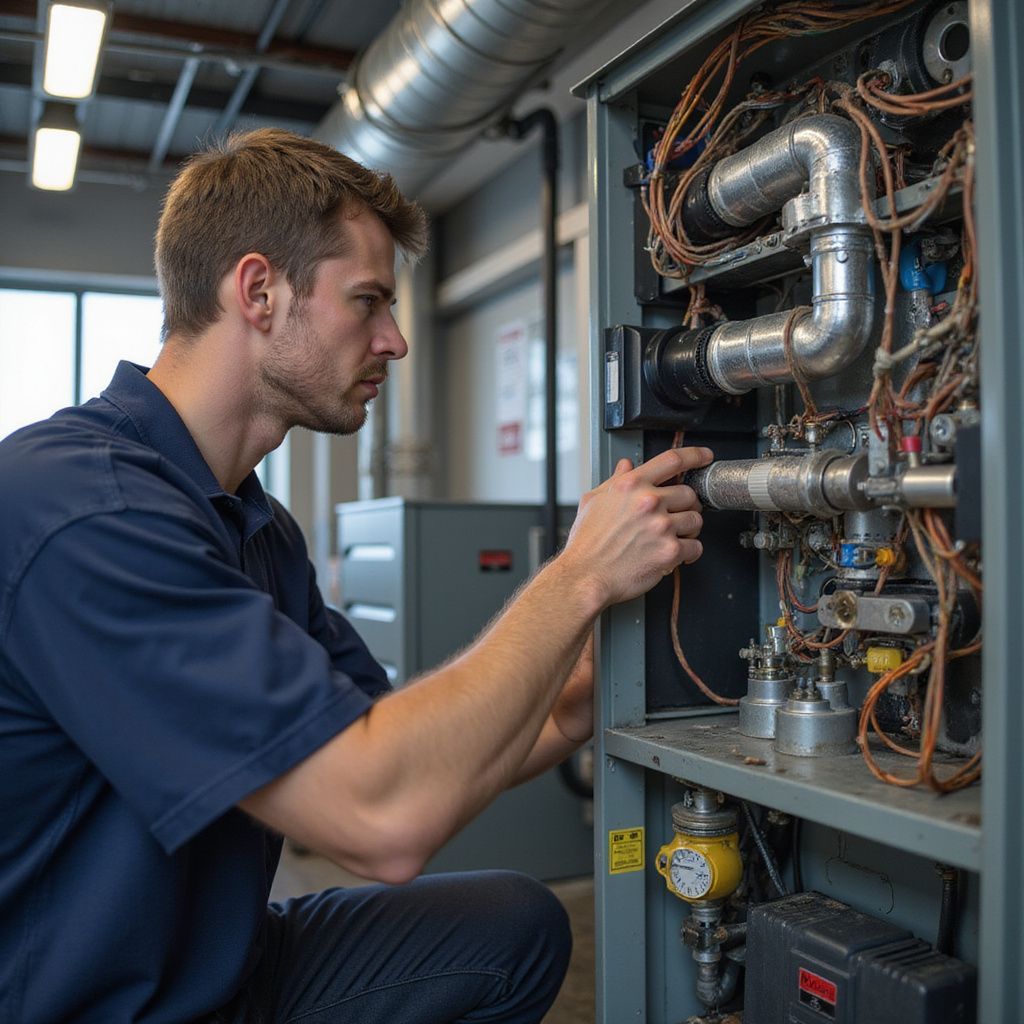 Technician in blue shirt inspecting machinery, focused, industrial setting.