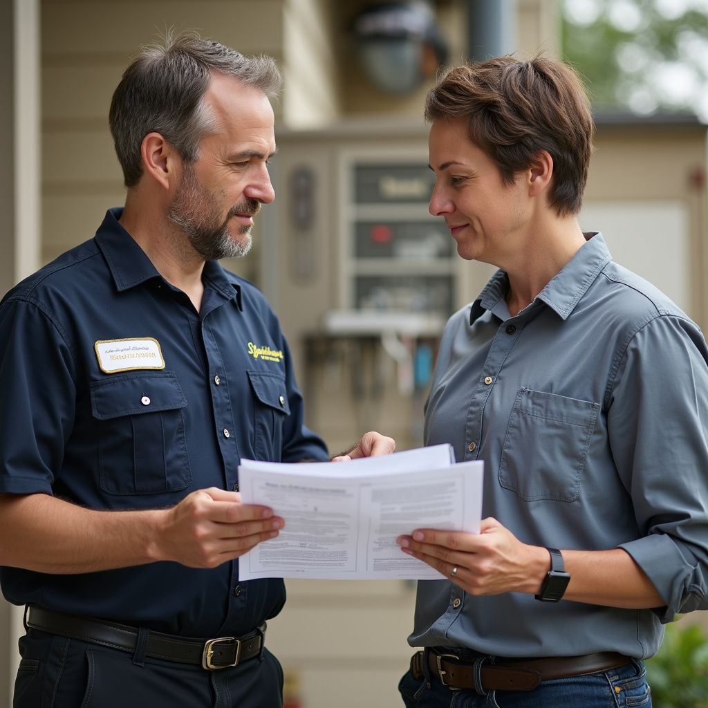 A technician in blue uniform reviews documents with a person in a gray shirt outside a building.