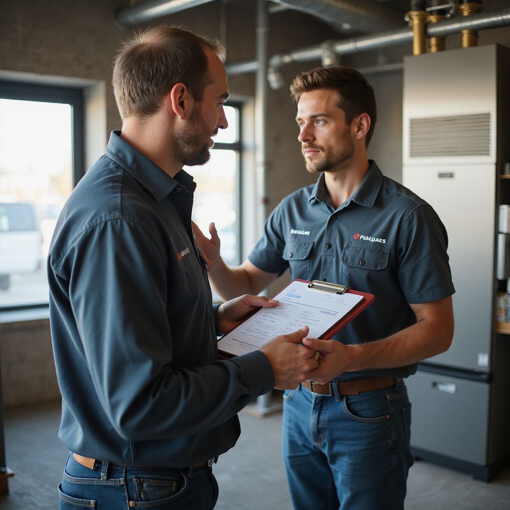 Two HVAC technicians reviewing paperwork in a mechanical room, discussing details.