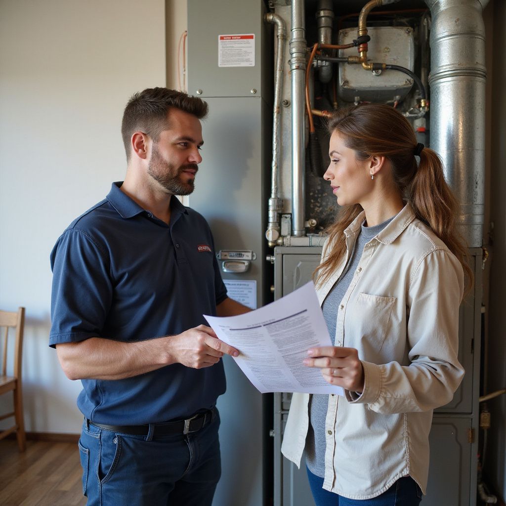 HVAC technician showing paperwork to a woman next to a furnace.