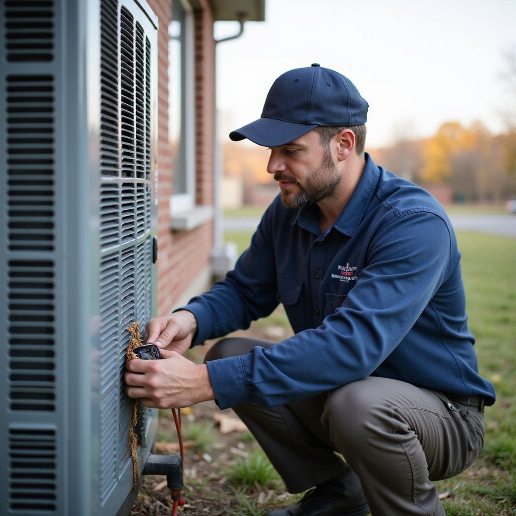 HVAC technician kneeling, inspecting an air conditioning unit outside a brick building.