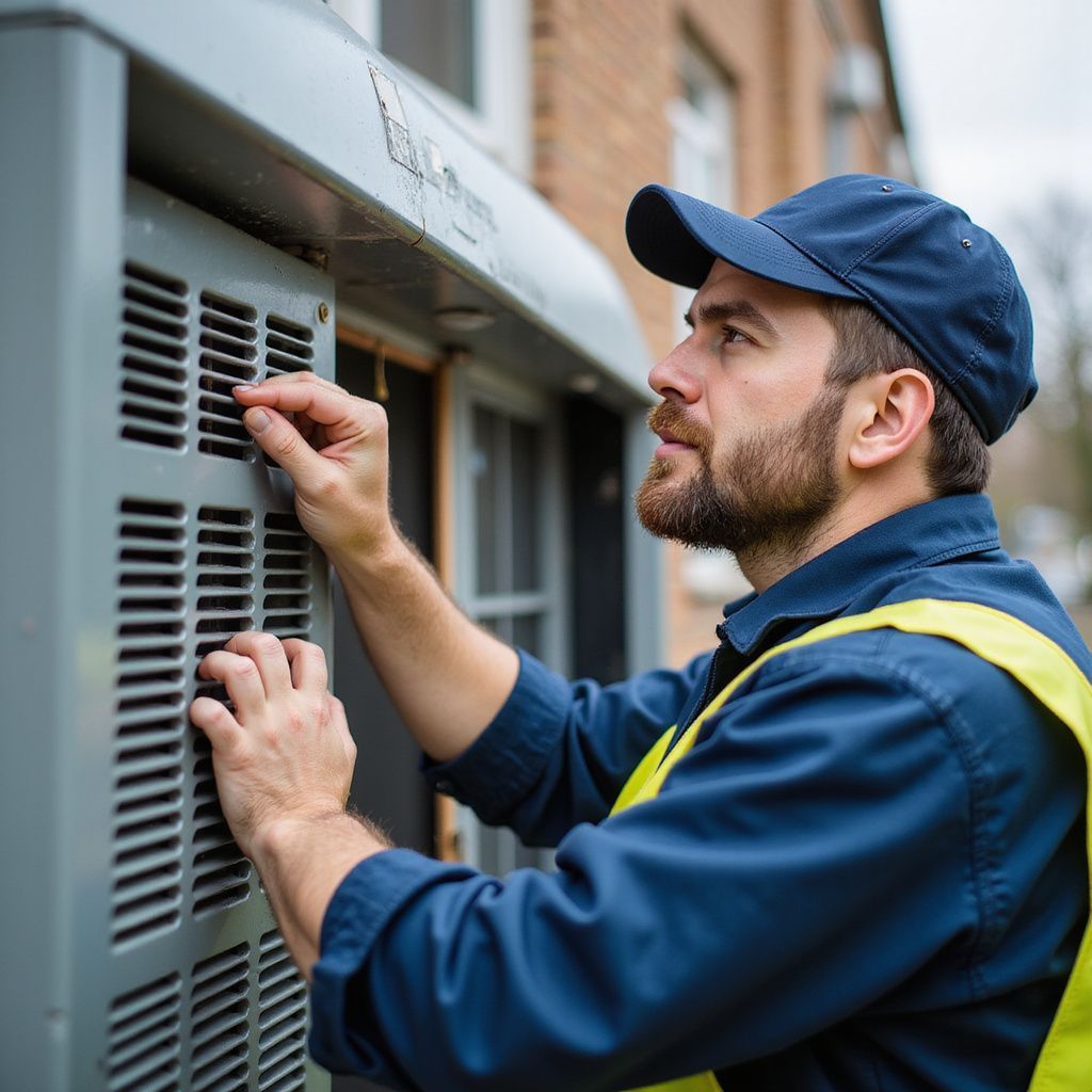 HVAC technician inspects outdoor air conditioning unit, wearing a blue cap, outdoors.