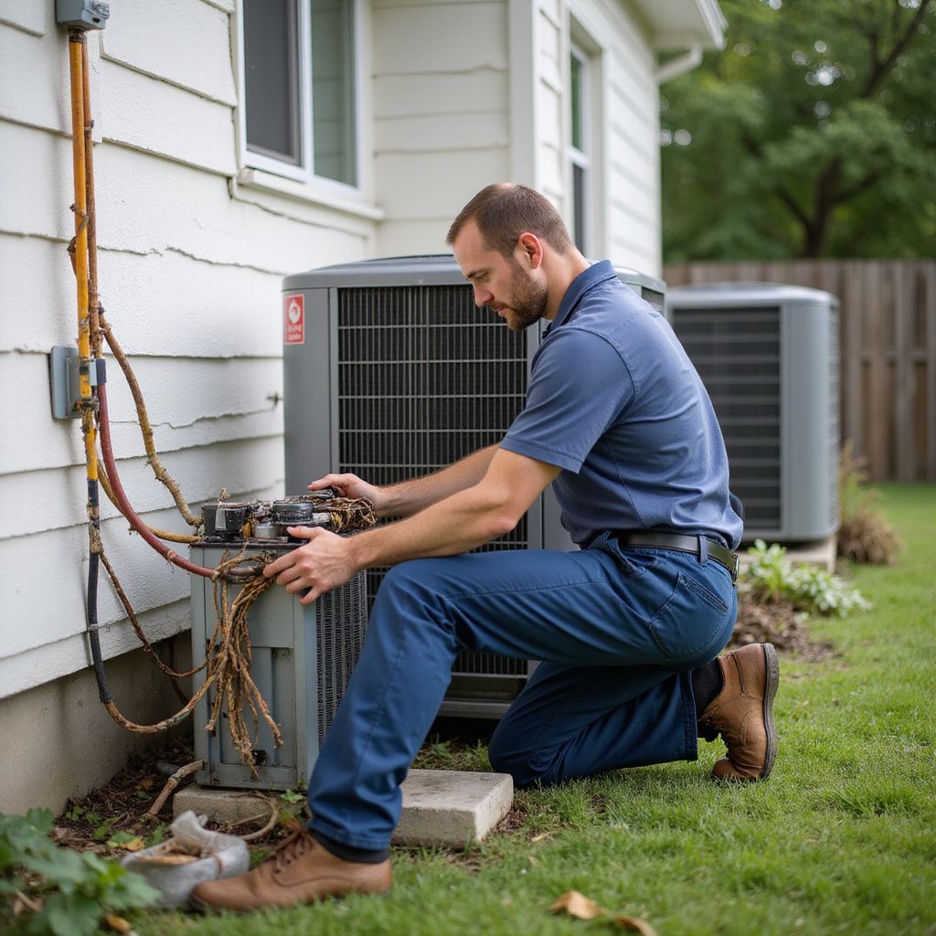HVAC technician kneels to repair an outdoor air conditioning unit next to a house.