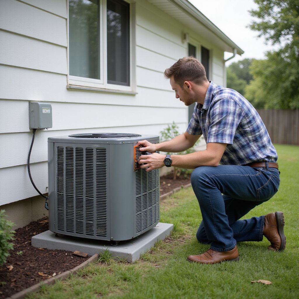 Man kneels, inspecting an outdoor air conditioning unit next to a white house with a window.