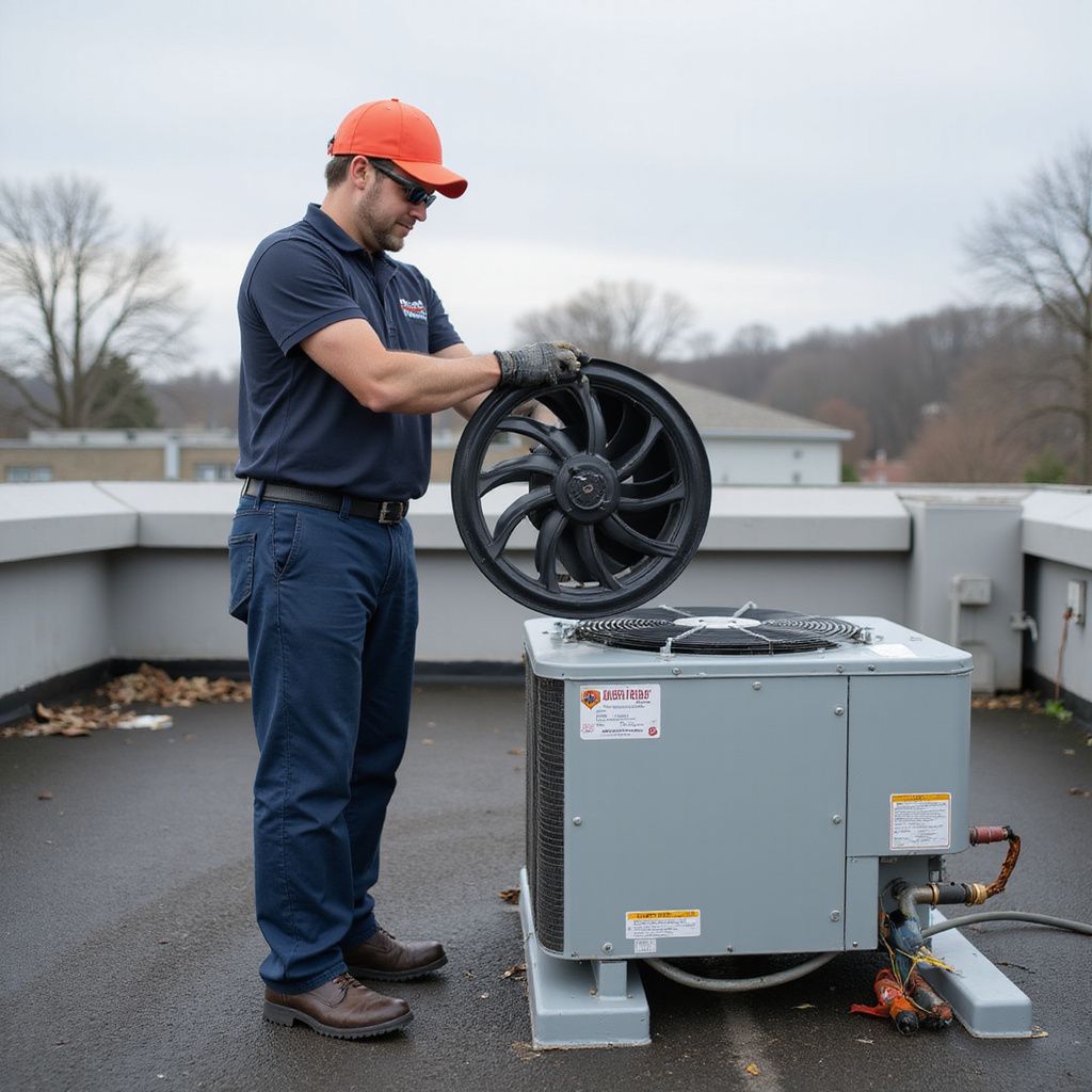 HVAC technician on a rooftop holding a fan blade, inspecting an air conditioning unit.