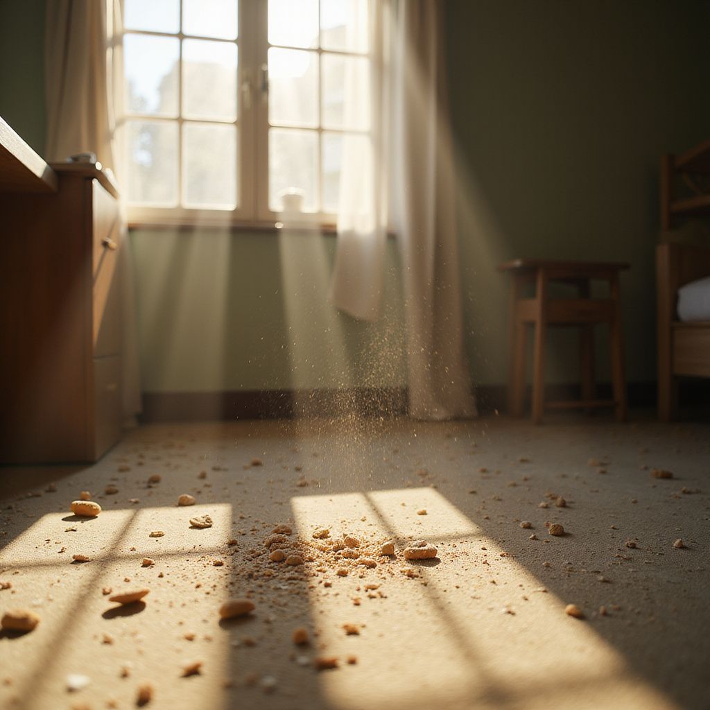 Sunlit room with crumbs on the floor. Light streams through a window, illuminating dust.