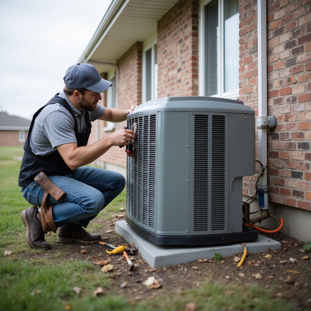 HVAC technician kneeling, working on an outdoor air conditioning unit next to a brick building.