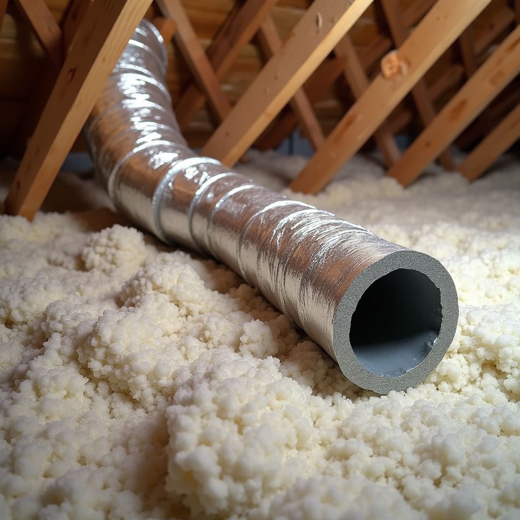 Flexible silver ductwork in attic with cellulose insulation and wooden rafters.