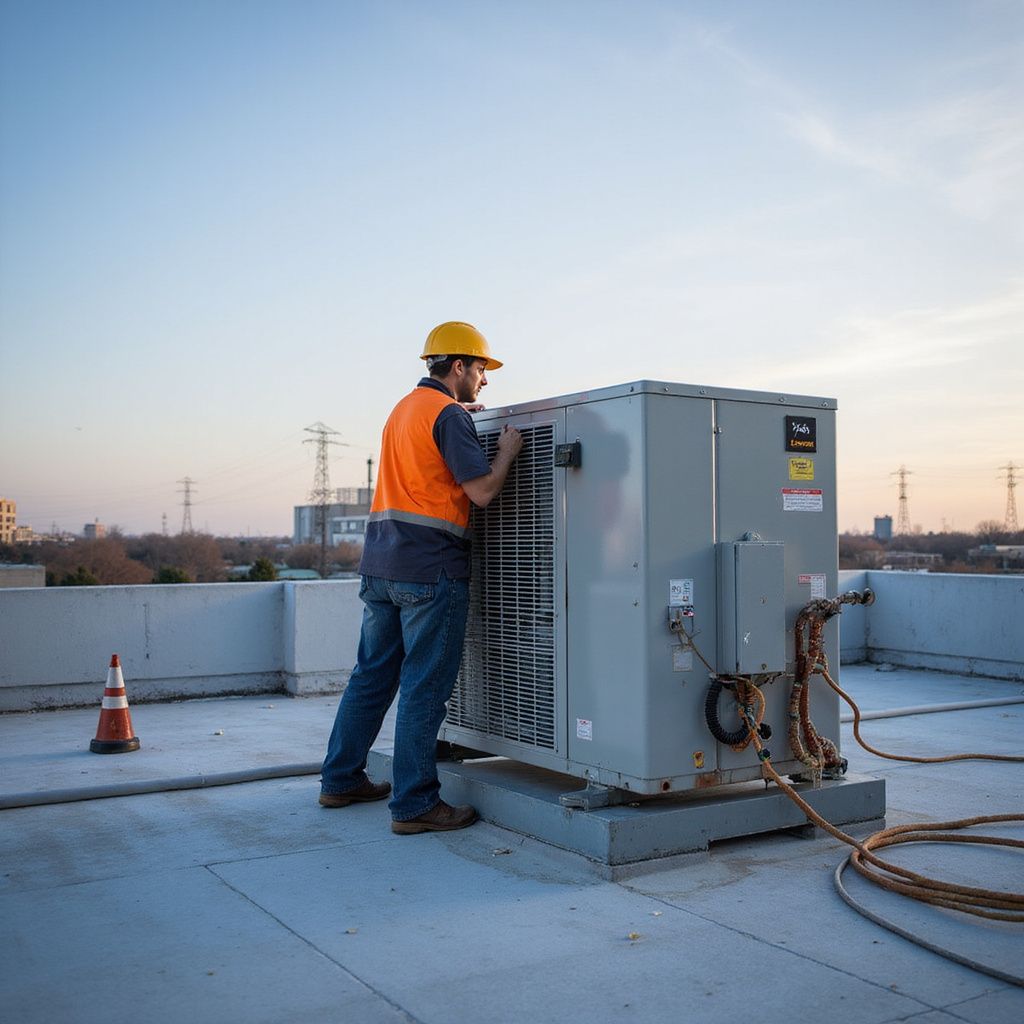 HVAC technician in orange vest and hard hat working on rooftop air conditioning unit.