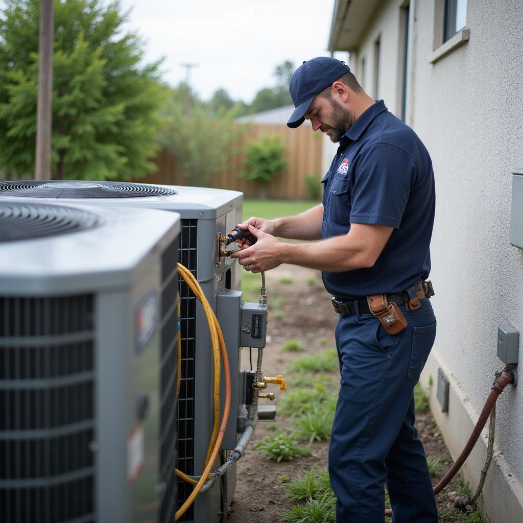 HVAC technician works on an air conditioning unit outdoors, wearing a cap and navy uniform.