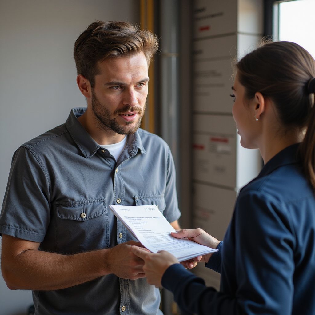 Man receiving document from woman in an office setting. Man looks concerned.