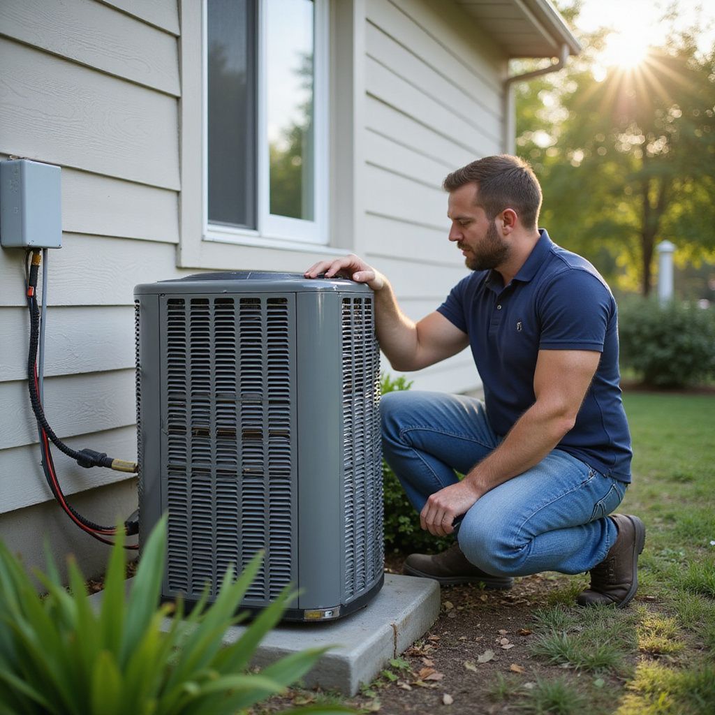 Man inspecting an AC unit outside a house, touching the top of it. Sunlight visible.