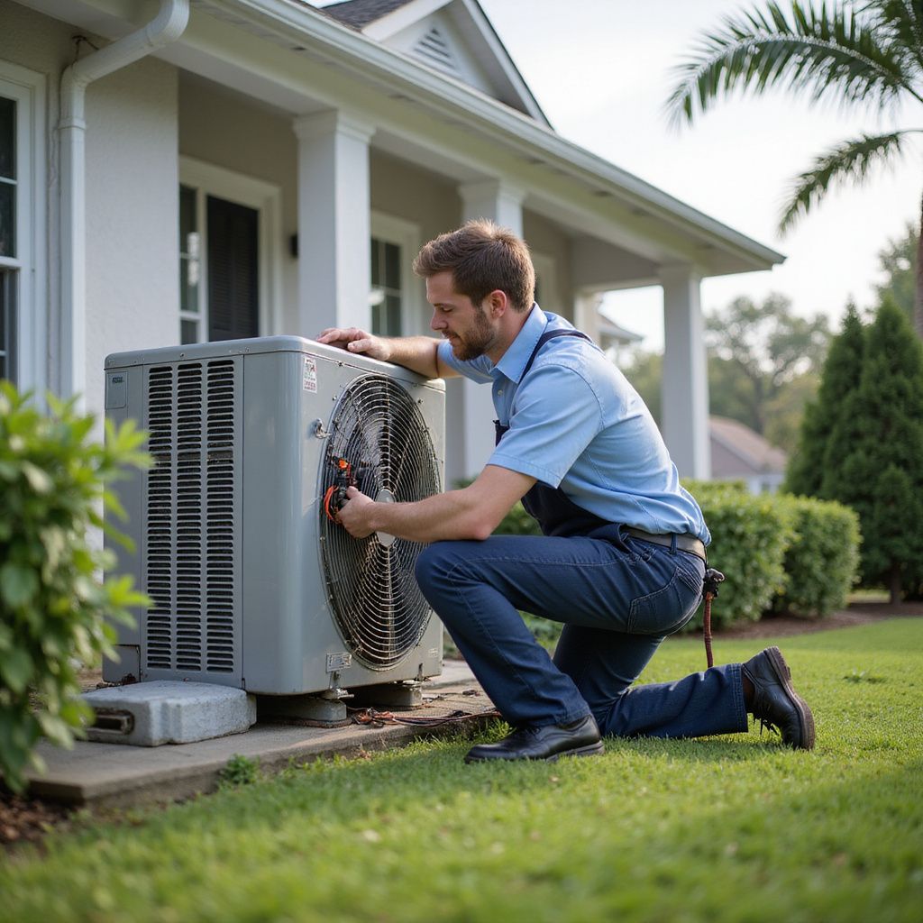 HVAC technician kneels, inspecting an air conditioner unit outside a house on a sunny day.