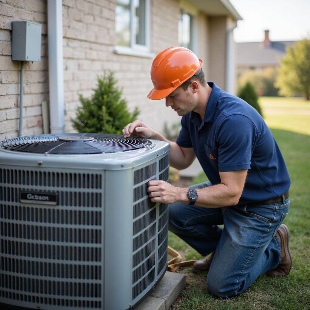 HVAC technician in orange hard hat examines an air conditioning unit outdoors.
