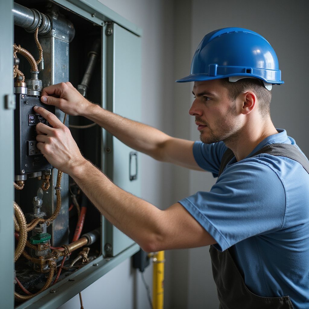An electrician in a blue hard hat inspects a control panel, inside.
