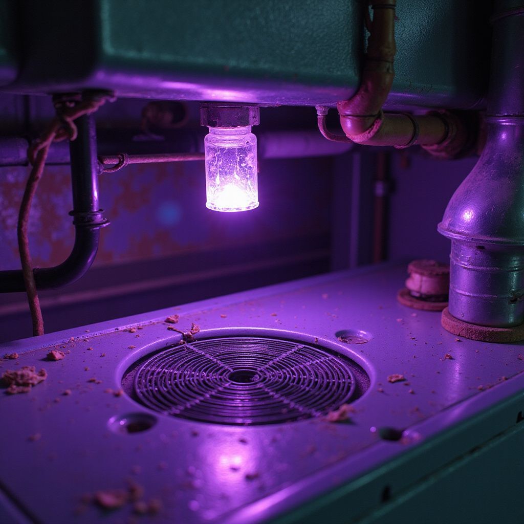Glowing purple vial suspended above a machine's metal surface, likely an industrial setting.