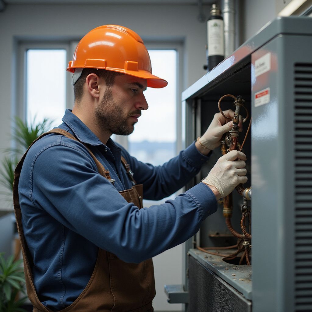 Man in hard hat and overalls inspects equipment.