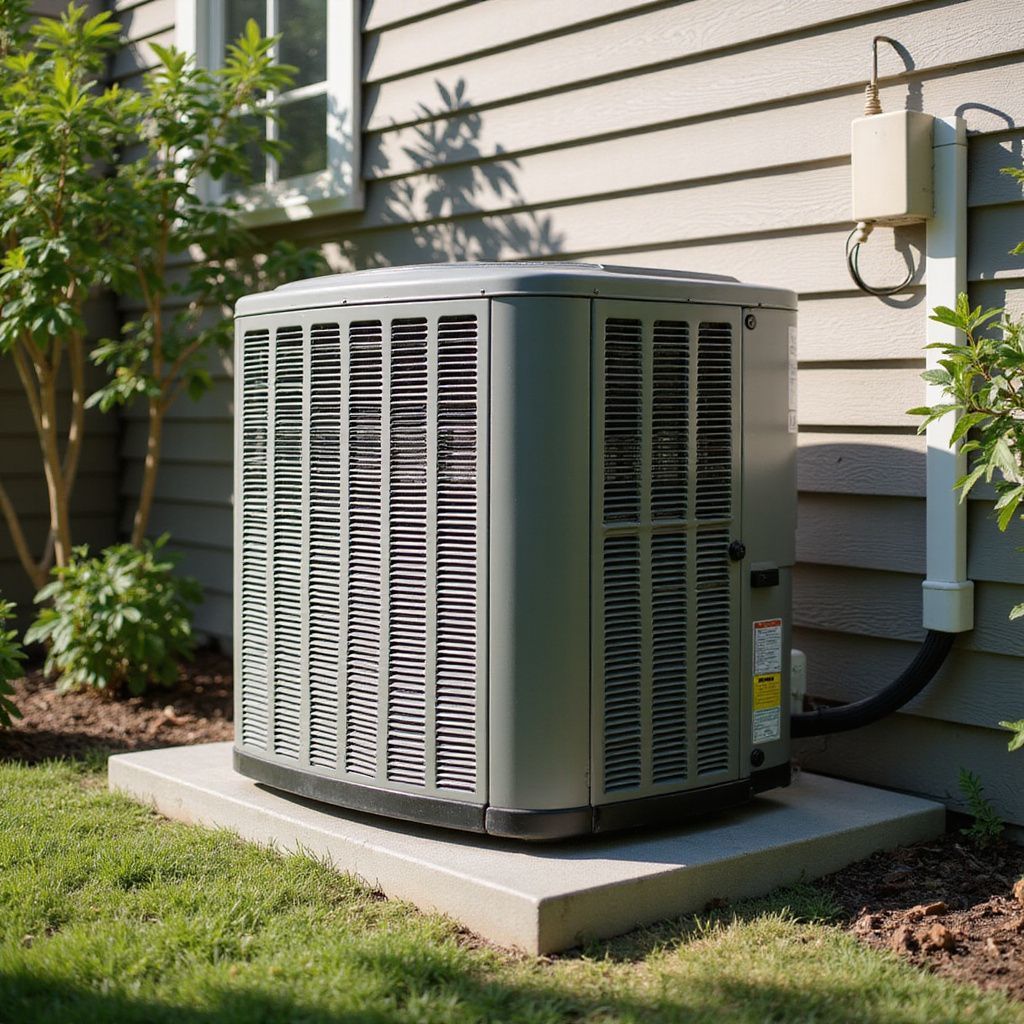 Central air conditioning unit outside a house on a concrete pad with bushes and grass.