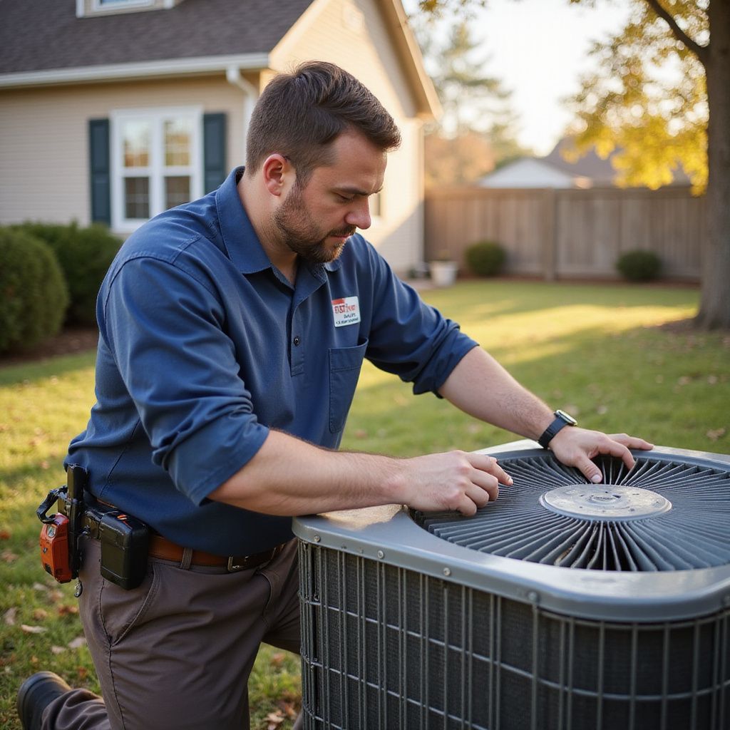 HVAC technician inspecting an air conditioning unit outside a house.