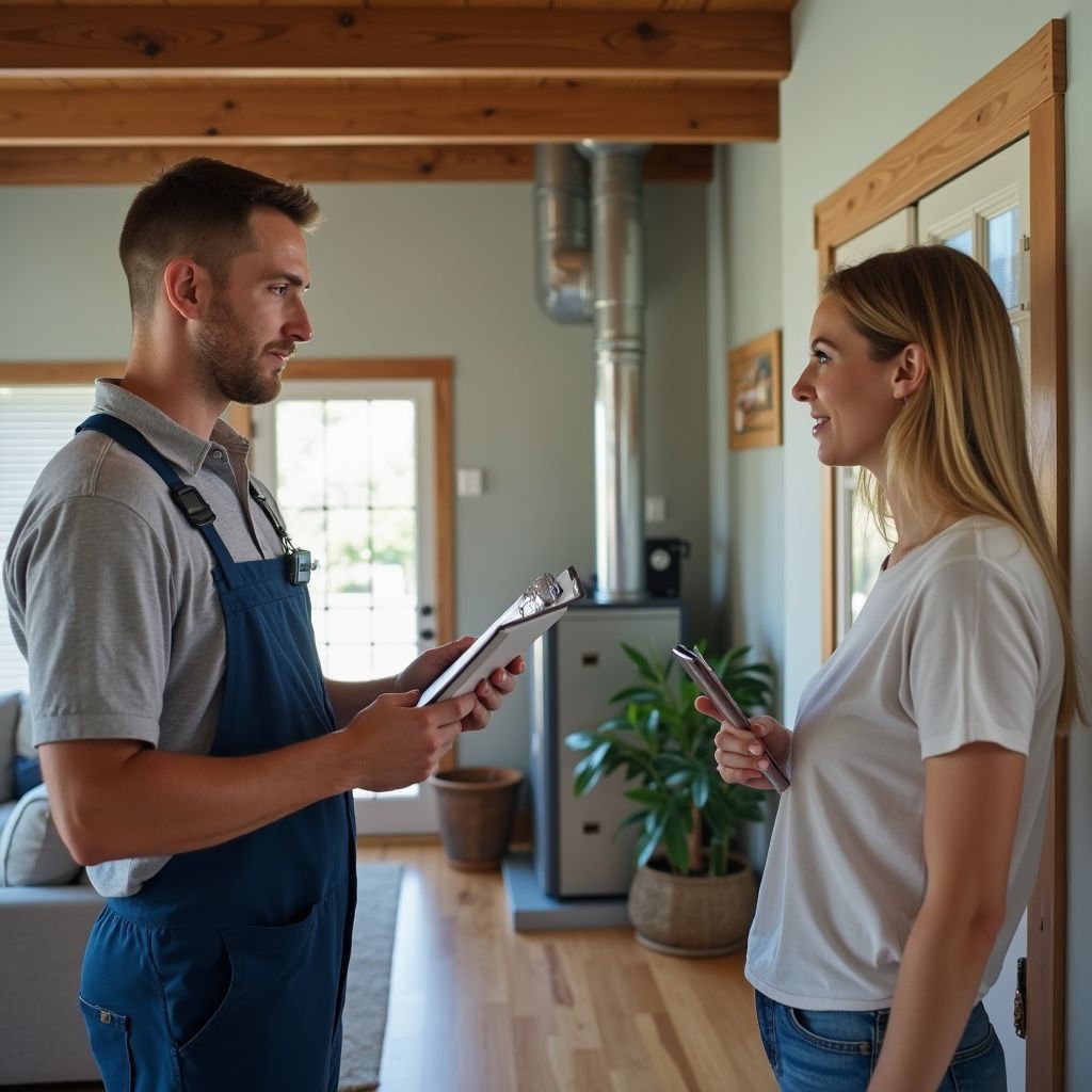 Man in overalls holding clipboard talks to a woman holding a phone indoors, likely a home.