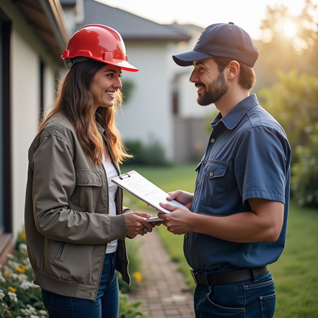 Woman in hard hat and worker with clipboard smiling, outside a house.