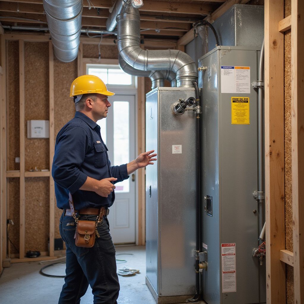Construction worker inspecting a furnace in a new home.