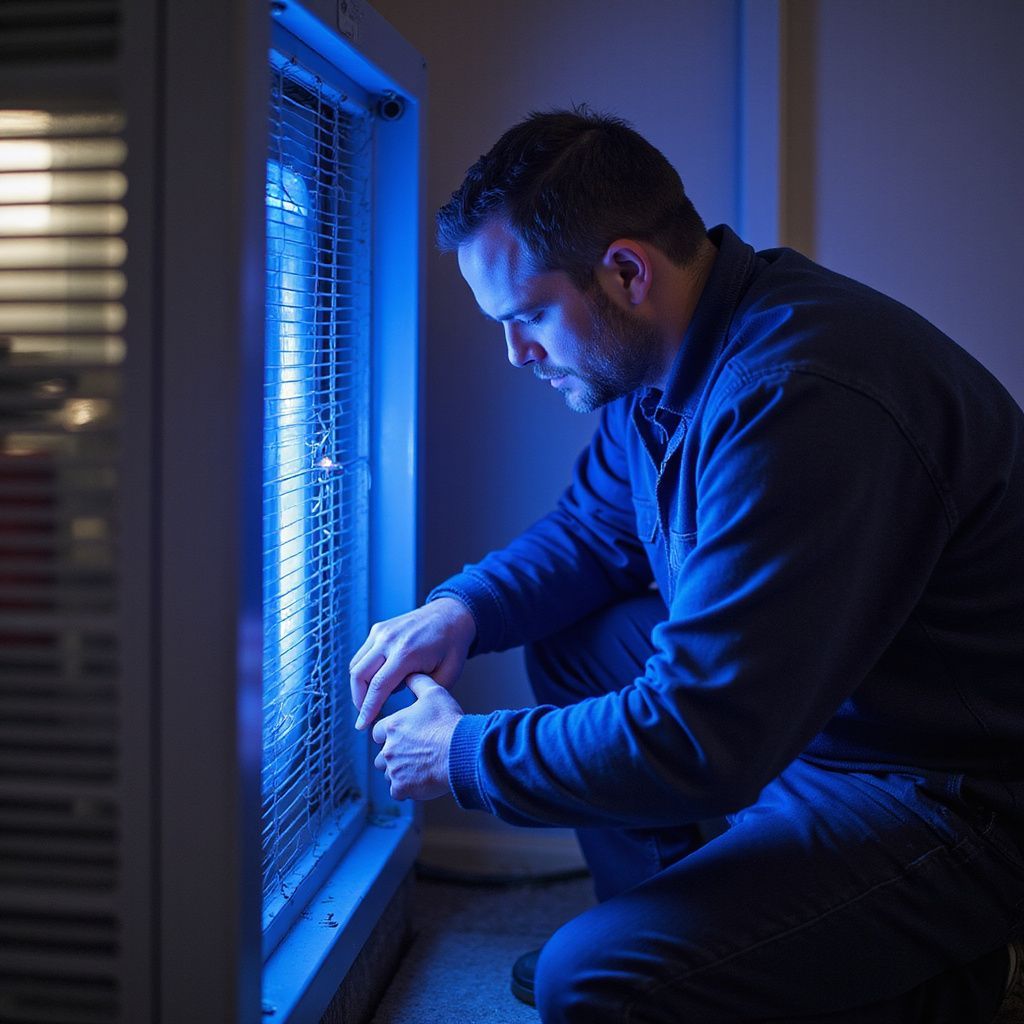 Man examining a bug zapper with a blue light. Kneeling, inspecting appliance.