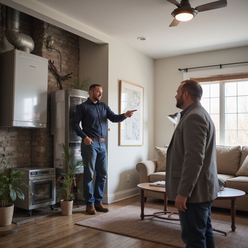 Two men in a living room, one pointing at a wall-mounted appliance. Other man is observing. Beige sofa, window, and plants.