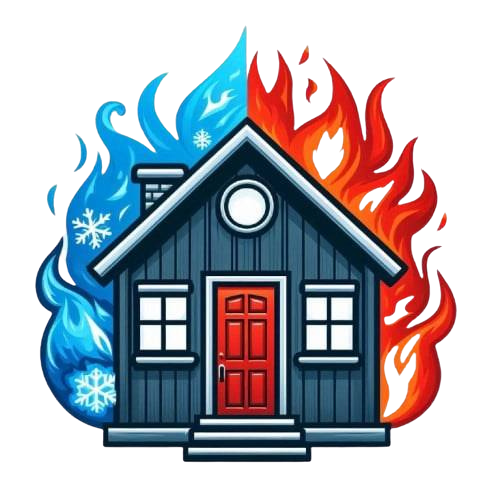 House with blue flames (cold) on the left, red flames (hot) on the right, indicating heating and cooling.