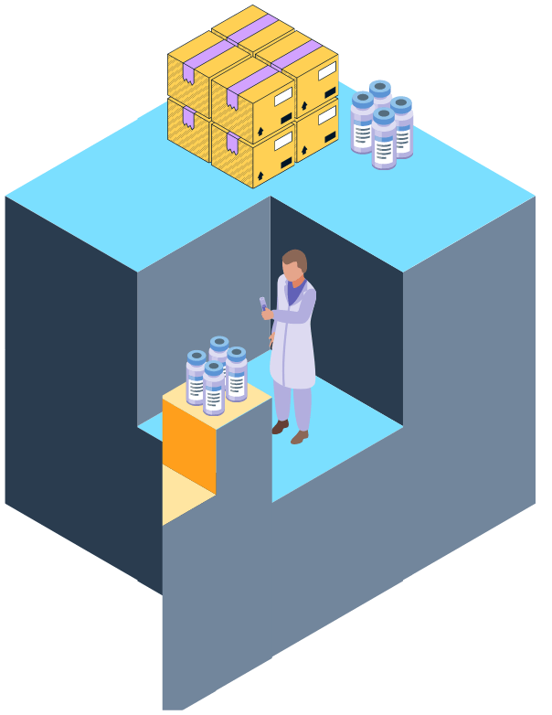 A man in a lab coat is standing in a room with boxes on the ceiling. kbDNA recombinant proteins buy
