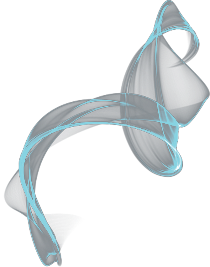 A gray and blue ribbon is floating in the air