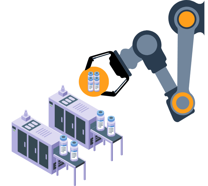 An isometric illustration of a robotic arm working in a factory.