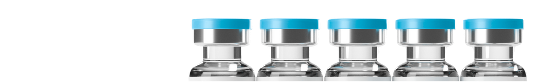 A row of bottles with blue lids on a white background.