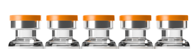 A row of empty bottles with orange lids on a white background.
