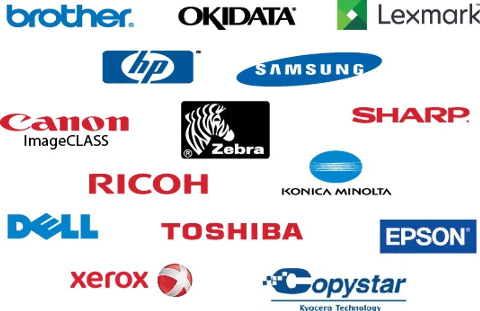 Row of printer and copier brand logos