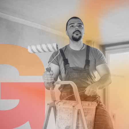 A painter on on the ladder with orange background