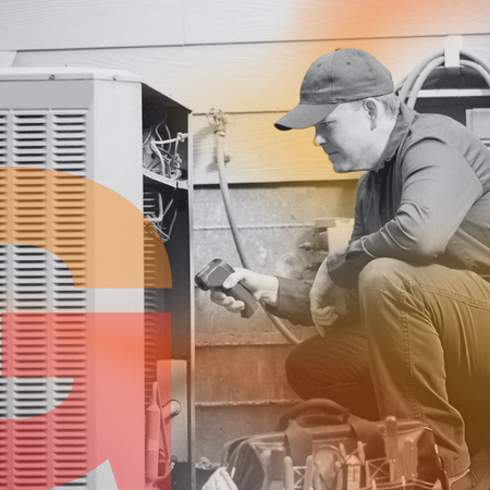 A man checking on HVAC with orange background